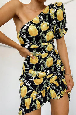 Sexy Lemon-printed Ruffled Pleated Slanted Dress