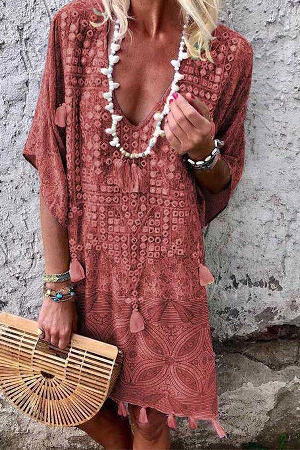 Stylish Bohemia Tassels Deep V Neck Dress