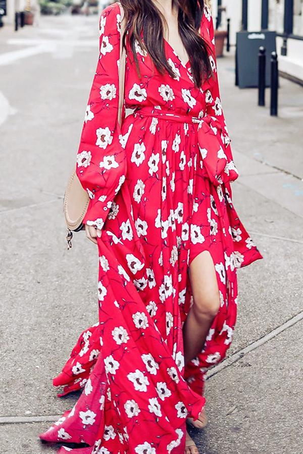 Elegant Fork Opening Flower Print Dress