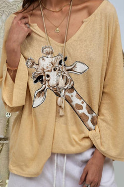 Cute Giraffe Print V Neck Baggy Shirt