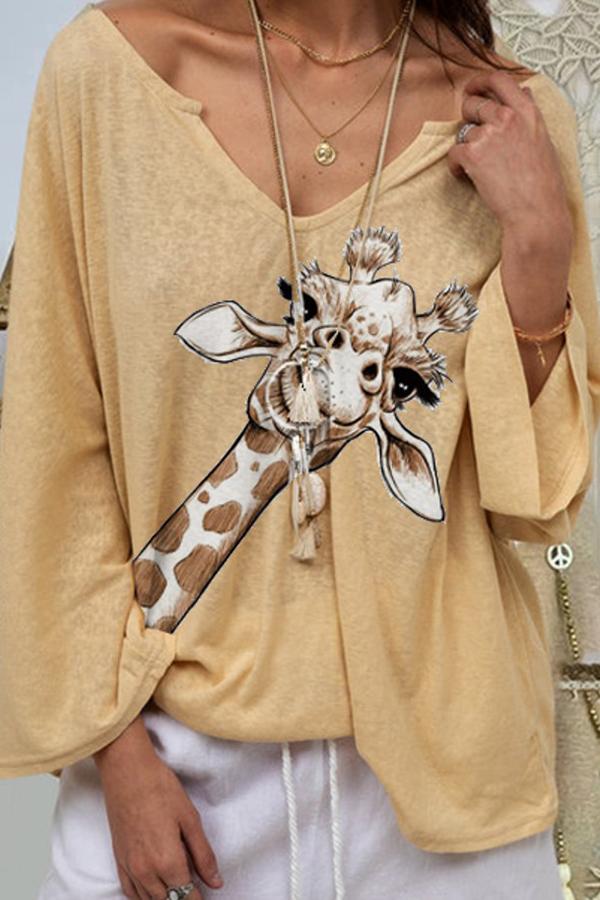 Cute Giraffe Print V Neck Baggy Shirt