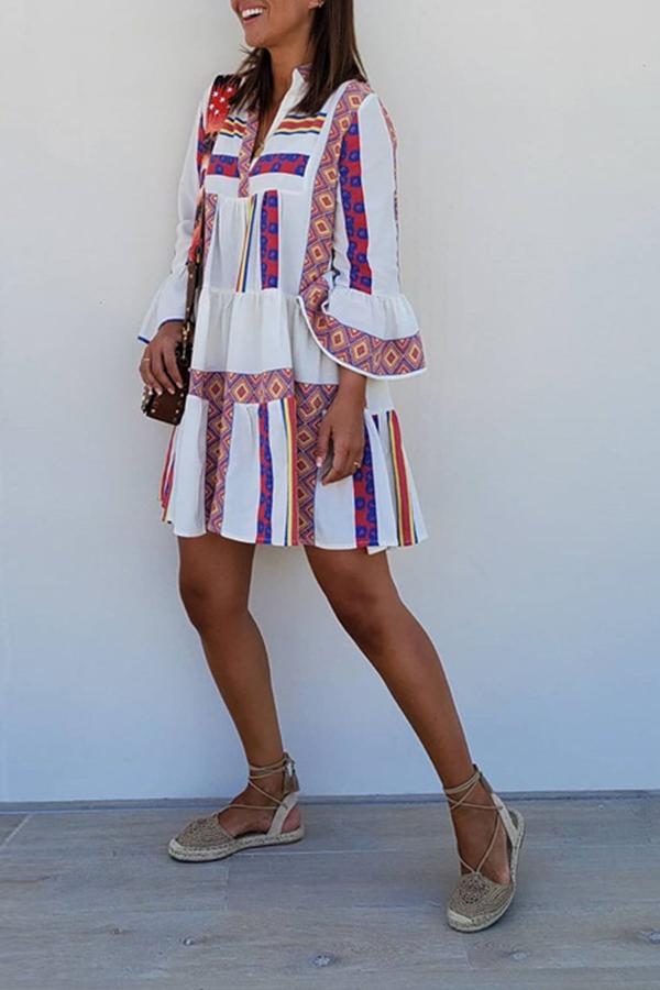 Princess Geometric Print Lantern Sleeves Dress