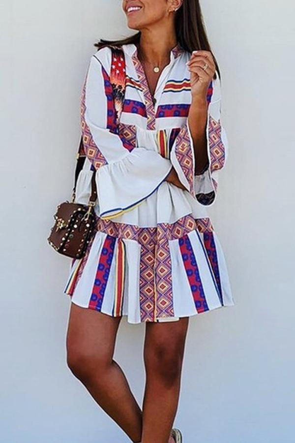 Princess Geometric Print Lantern Sleeves Dress