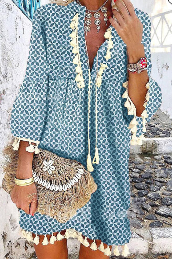 Irregular Geometric Print Flounce Sleeves Dress