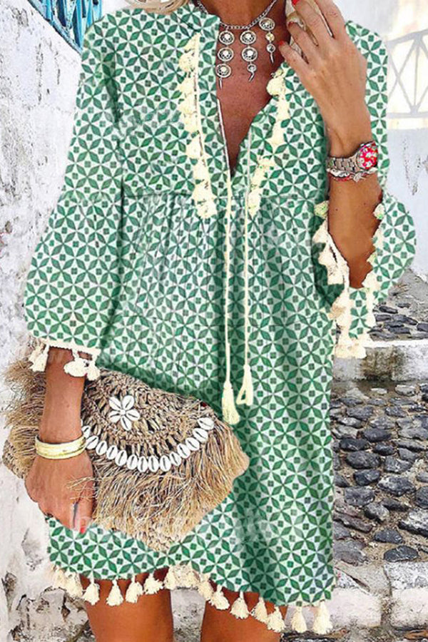 Irregular Geometric Print Flounce Sleeves Dress