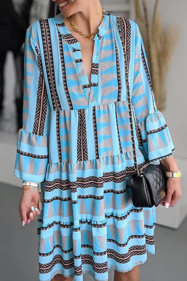 Temperament Geometric Print Flared Sleeves Dress