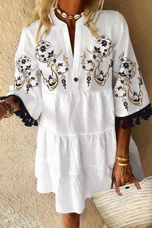 Casual White Retro Fringed Mid-sleeved Dress