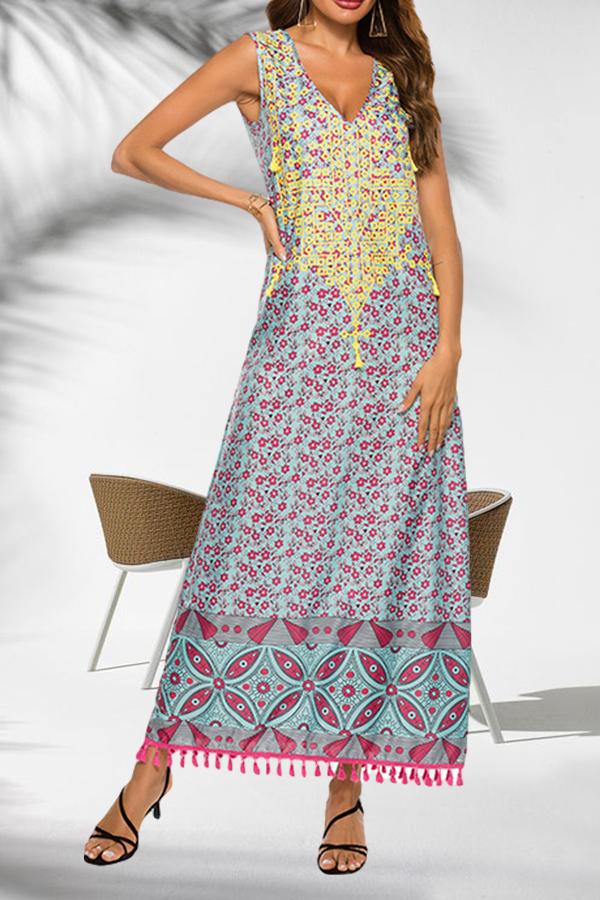 Bohemia Printing Stitching Tassels Dress