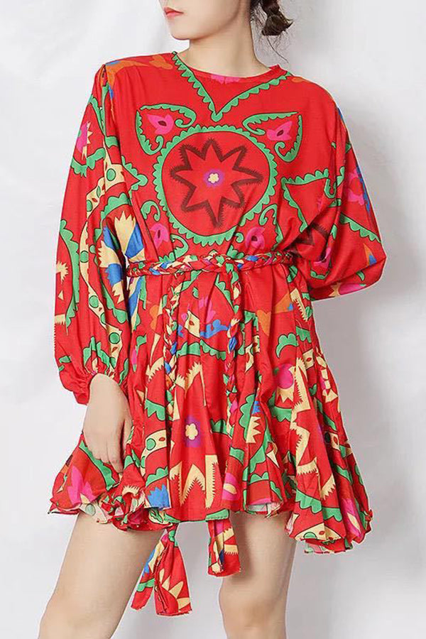 Elegant Floral Print Lantern Sleeves Dress