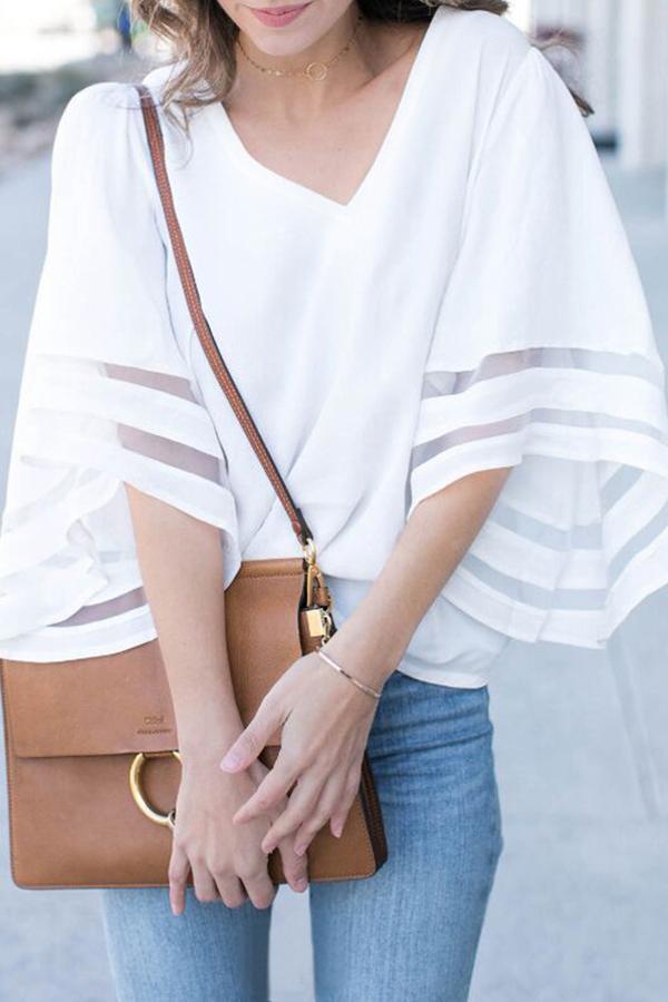 Loose Mesh Stitching V-neck Chiffon Shirt