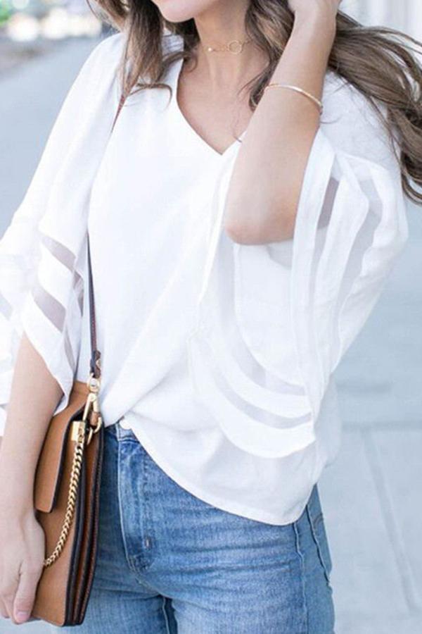 Loose Mesh Stitching V-neck Chiffon Shirt