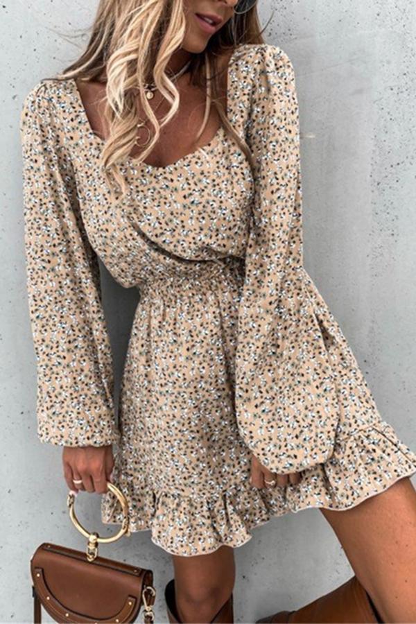 Long Sleeve Elastic Waist Ruffle Print Dress