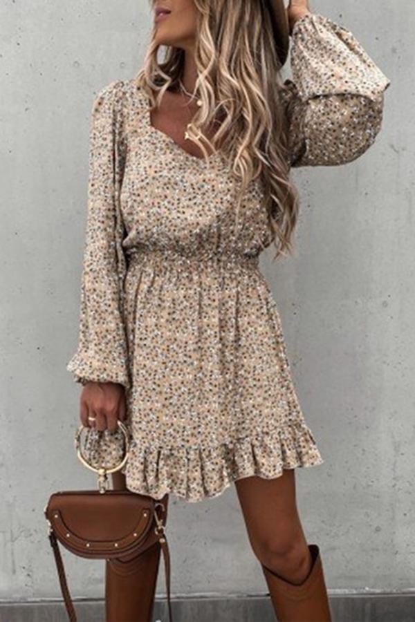 Long Sleeve Elastic Waist Ruffle Print Dress