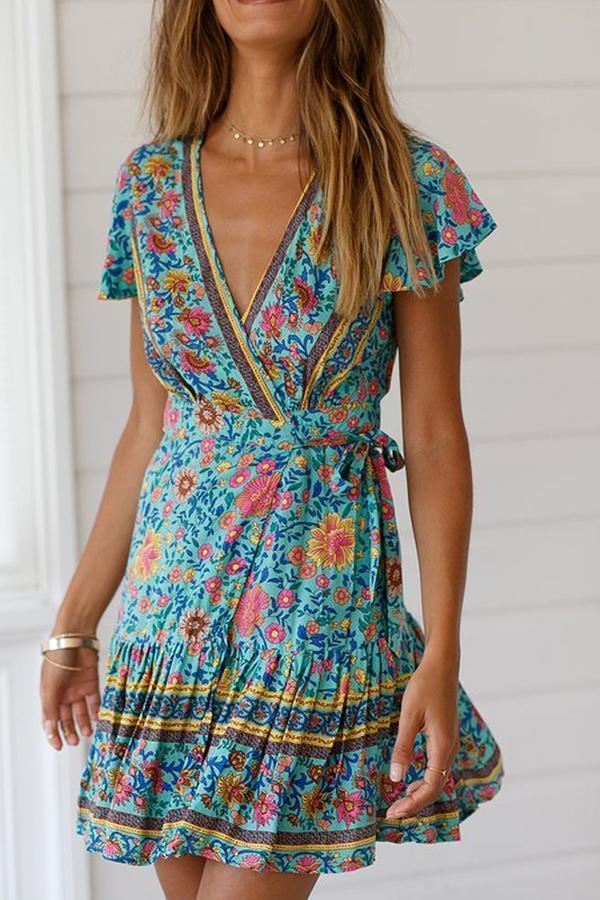 Bohemian Print Skirt With Short Sleeves Tie