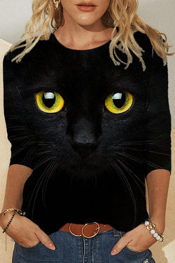 Cat Eye Print Long Sleeve Crew Neck