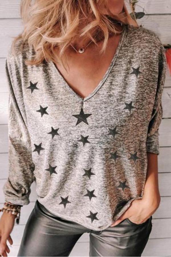 Loose star print V-neck long sleeves