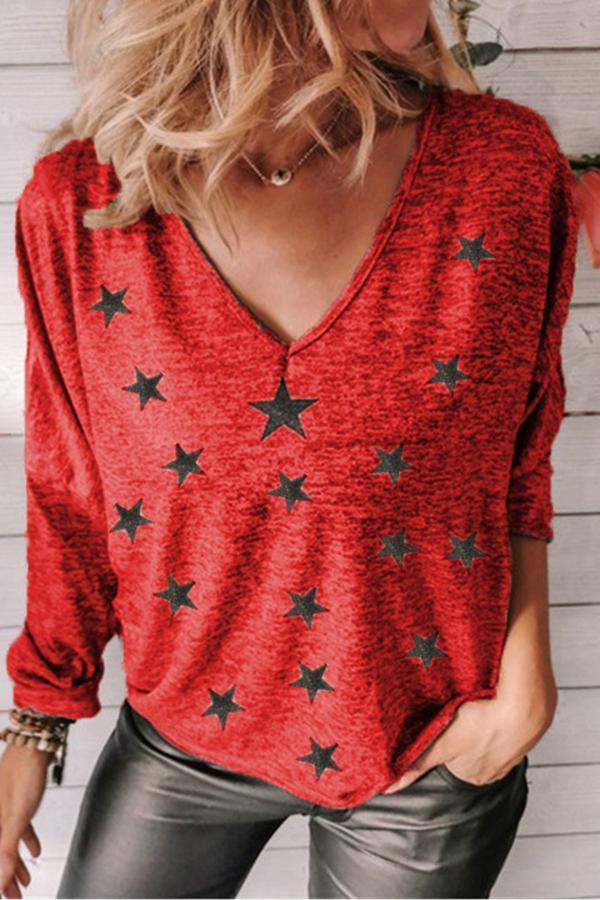 Loose star print V-neck long sleeves