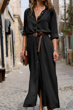 Long Sleeve Slit Dress With Belt