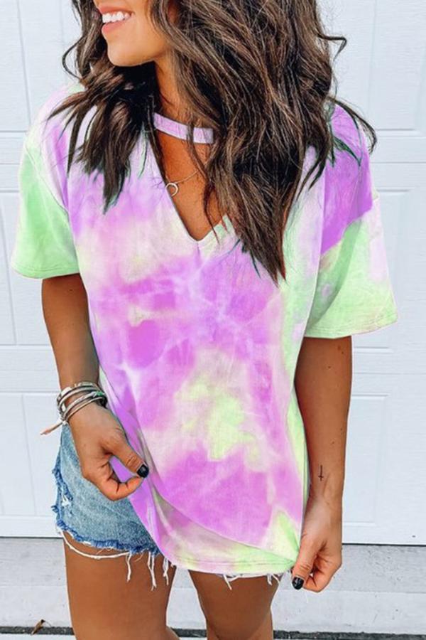 Tie-dye Short Sleeve V-neck T-shirt