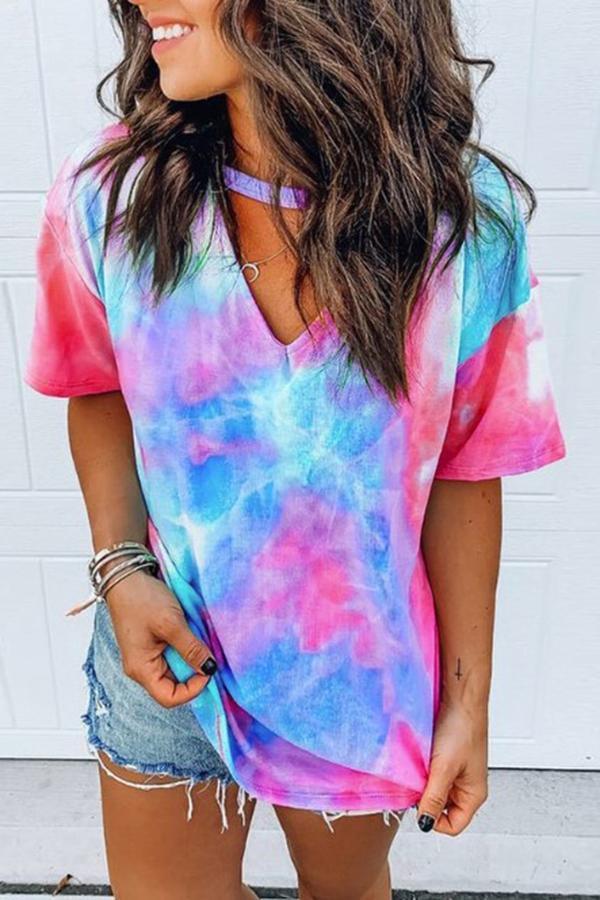 Tie-dye Short Sleeve V-neck T-shirt