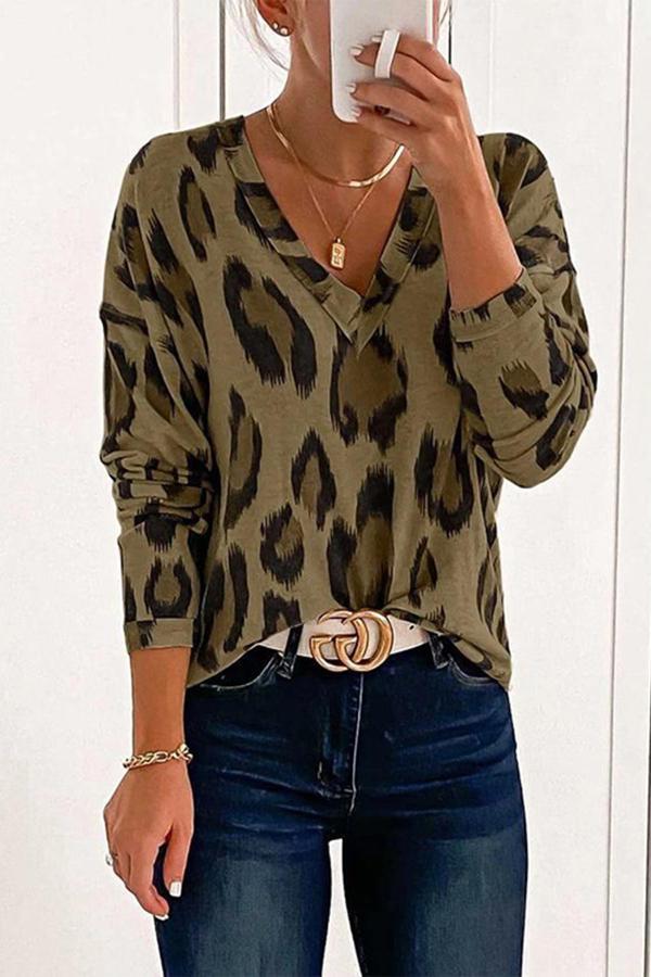 Fashion Leopard Print V-neck T-shirt