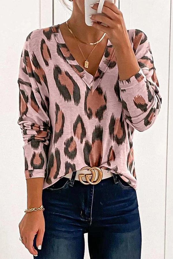 Fashion Leopard Print V-neck T-shirt