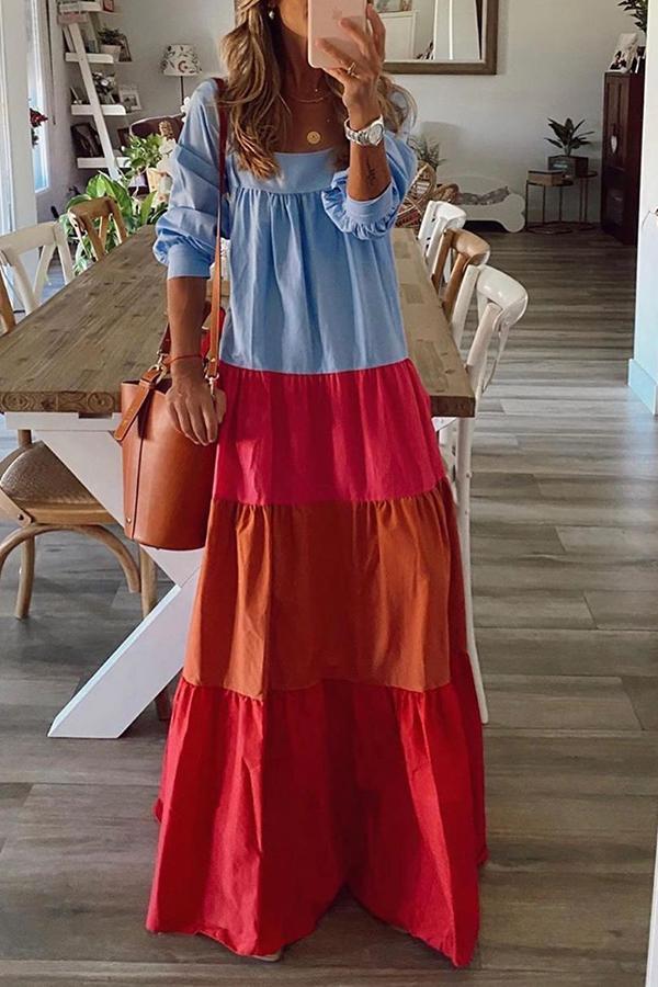 Sexy Vacation Colorful Color Block Dress