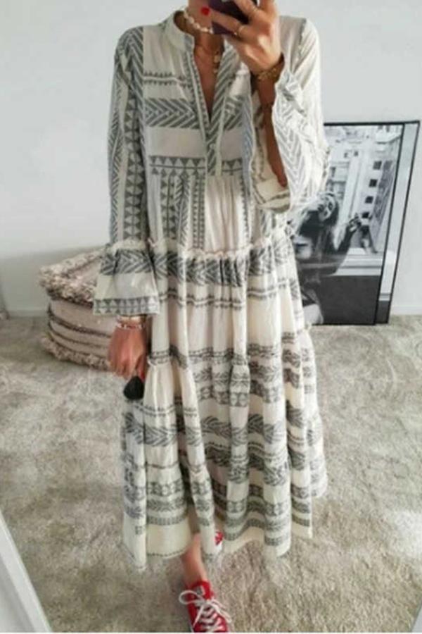 Geometric Print V-neck Long Skirt Beach Dress