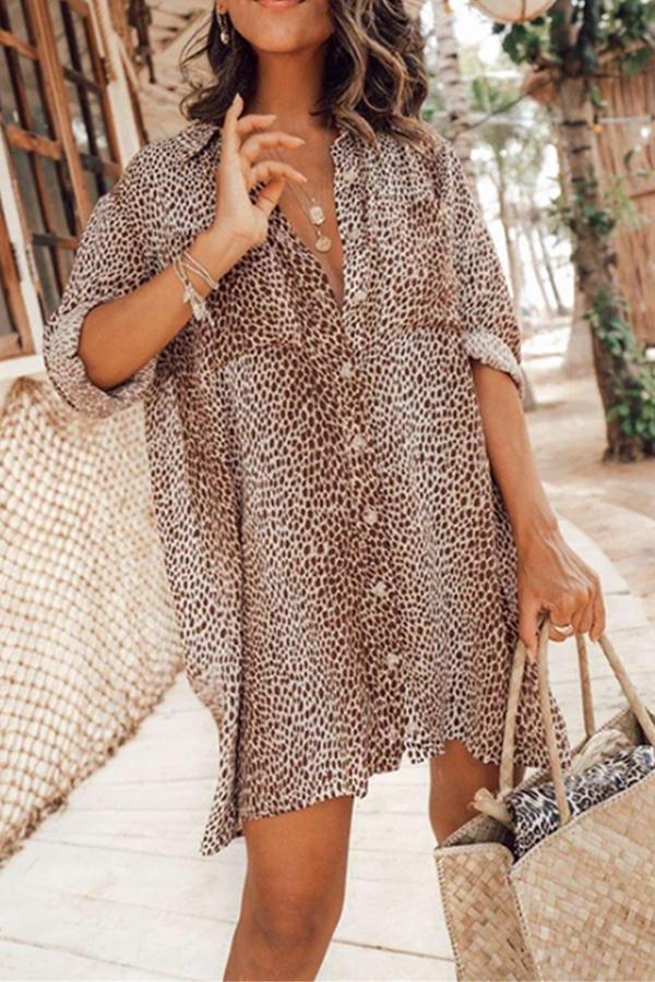 Leopard Print Long Sleeve Shirt Dress