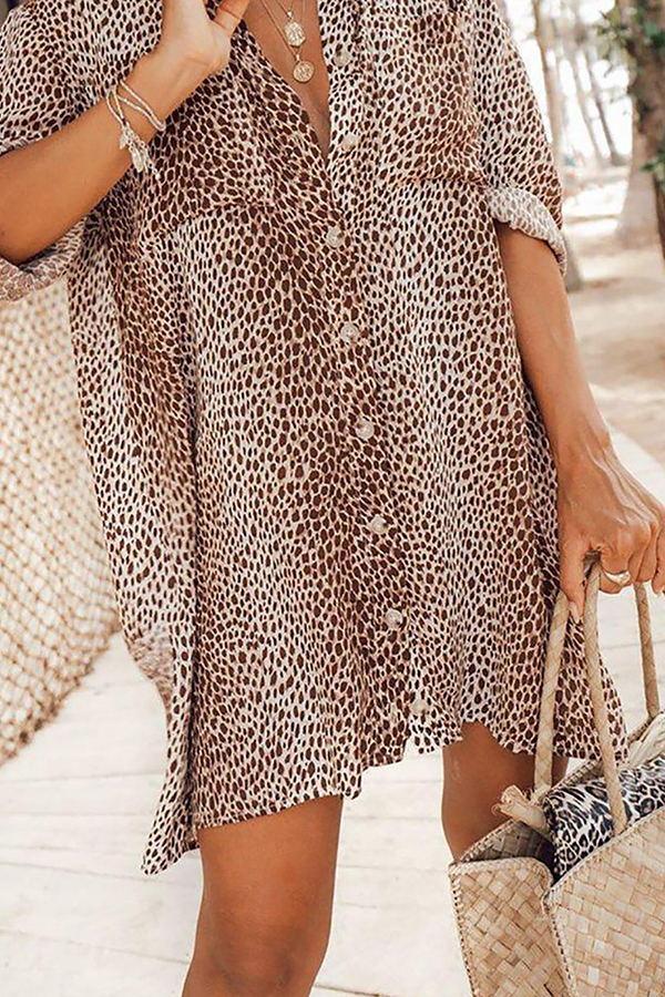 Leopard Print Long Sleeve Shirt Dress