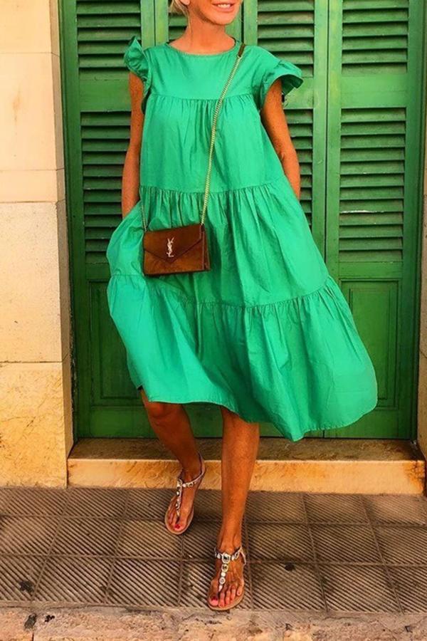 Loose Solid Color Pleated Short Sleeve Dress