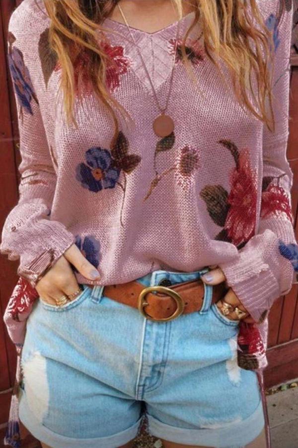 Printed V-neck Long Sleeve Loose Top