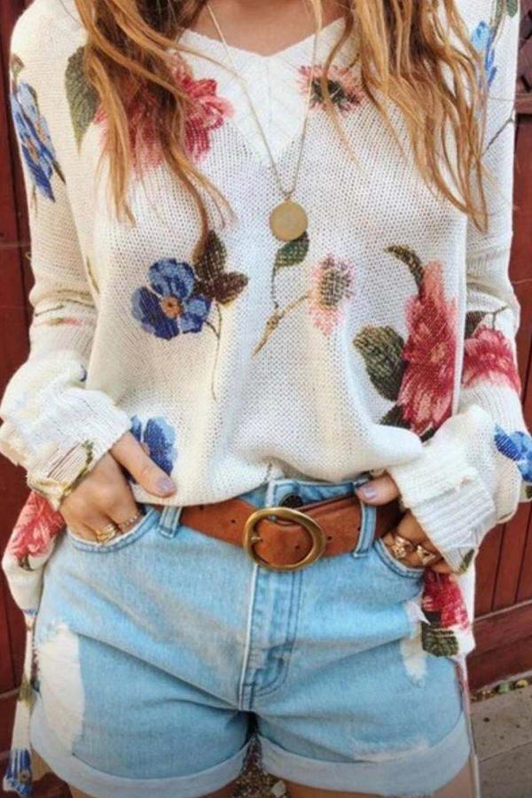 Printed V-neck Long Sleeve Loose Top