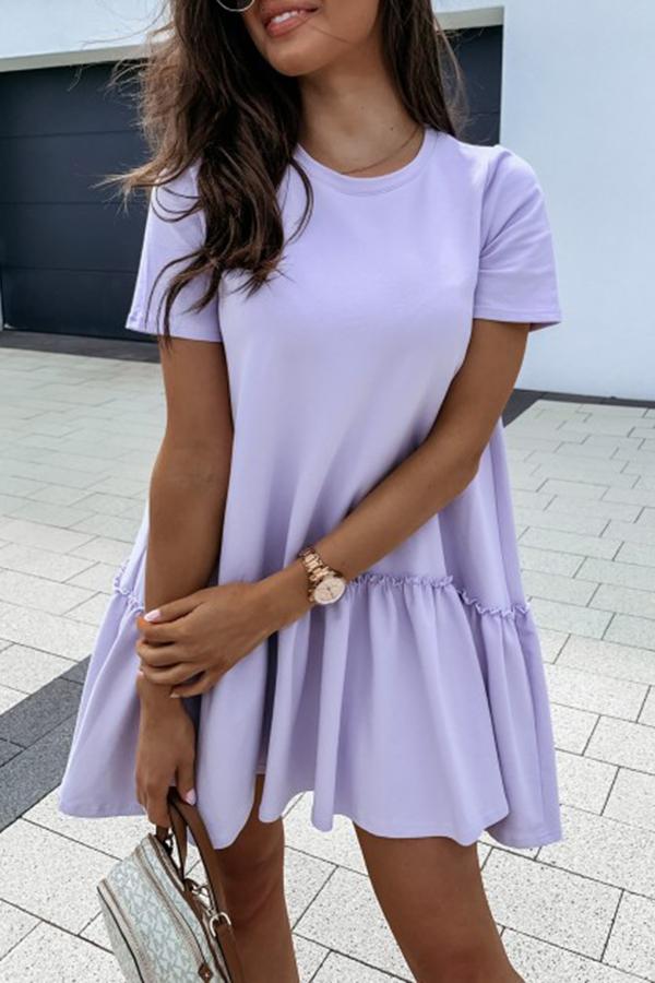 Solid Color Short Sleeve Loose Ruffle Dress