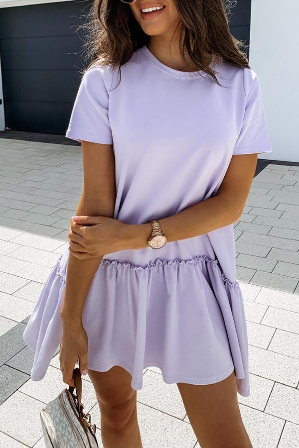 Solid Color Short Sleeve Loose Ruffle Dress