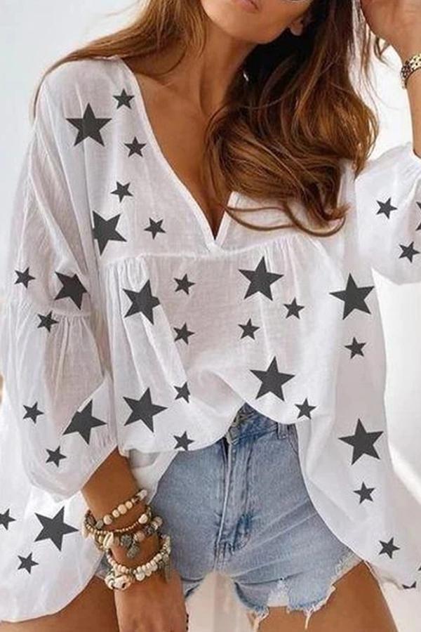 Star Pattern V-neck Chiffon Loose T-Shirt