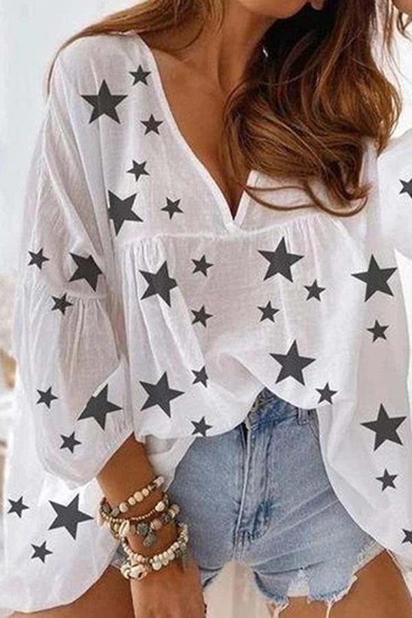 Star Pattern V-neck Chiffon Loose T-Shirt