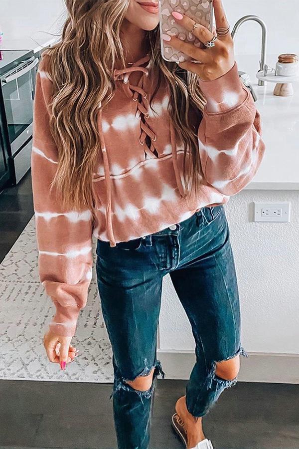 Featured Printed Casual Strappy Hooded Sweater