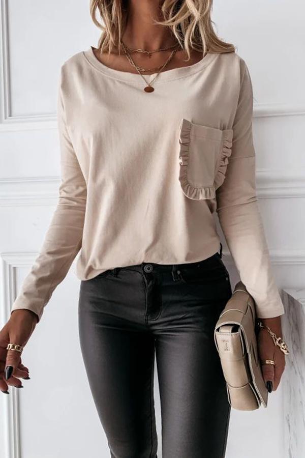 Lace Pocket Long Sleeve T-Shirt Top