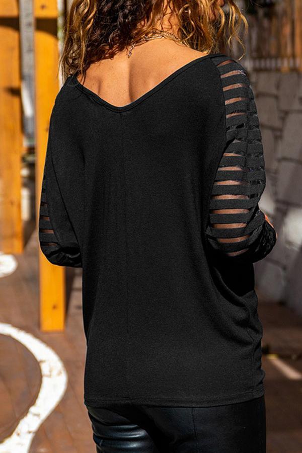 Sexy V-neck Striped See-Through Sleeve Top