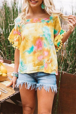 Short-sleeved Tassel Ball Tie-Dye Loose Top