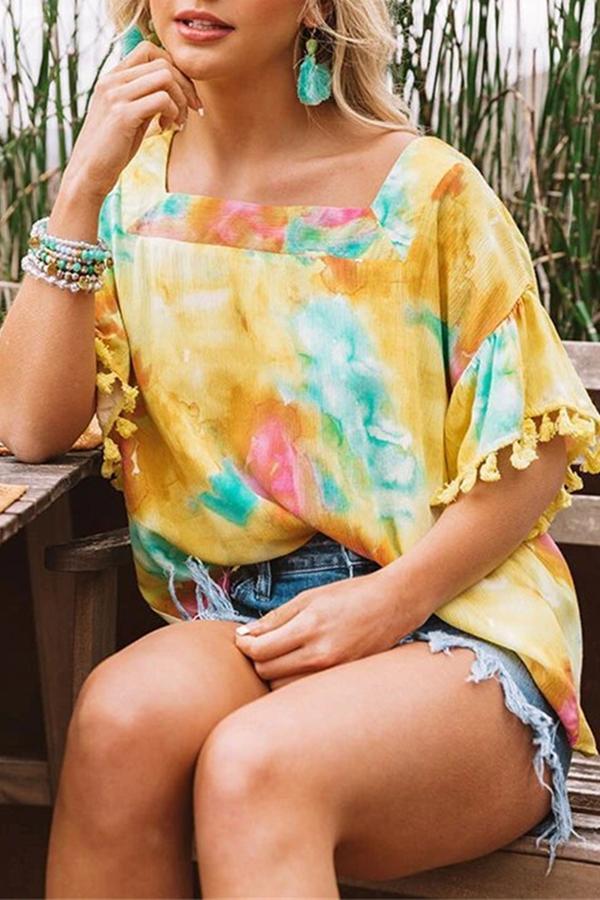 Short-sleeved Tassel Ball Tie-Dye Loose Top