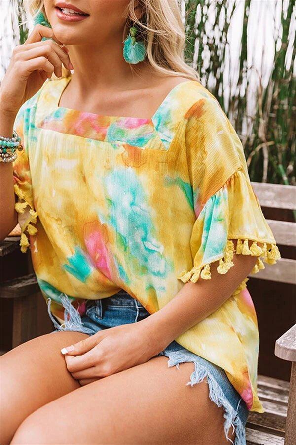 Short-sleeved Tassel Ball Tie-Dye Loose Top