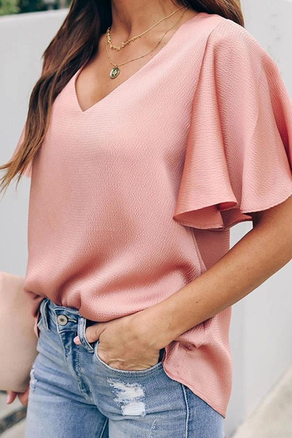 V-neck Ruffle Sleeve Short Sleeve Top