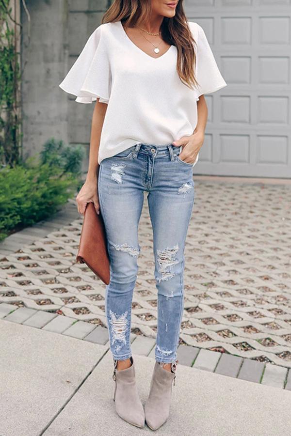 V-neck Ruffle Sleeve Short Sleeve Top