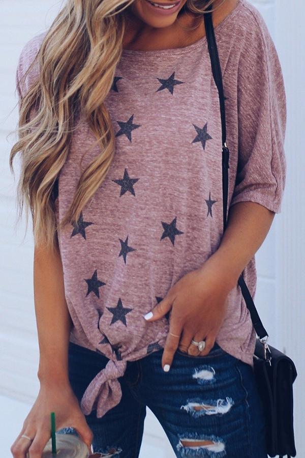 Printed One-Shoulder Loose Tie Sleeve T-Shirt