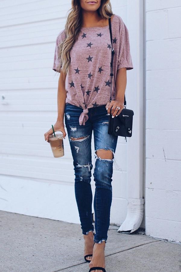 Printed One-Shoulder Loose Tie Sleeve T-Shirt