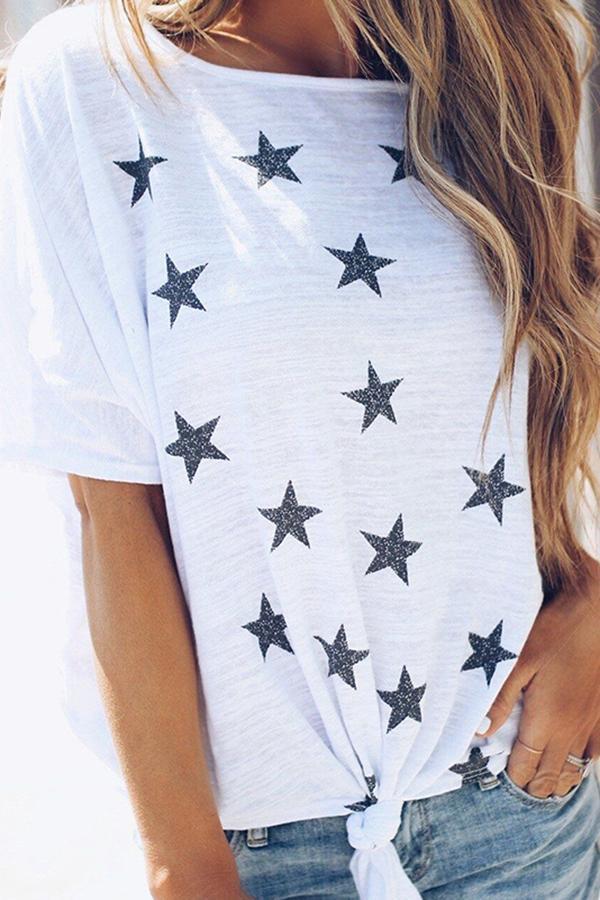 Printed One-Shoulder Loose Tie Sleeve T-Shirt