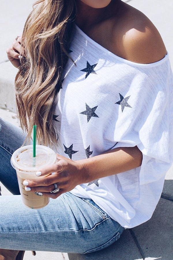 Printed One-Shoulder Loose Tie Sleeve T-Shirt