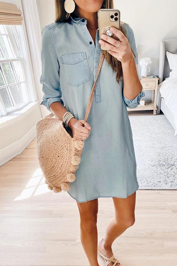 POLO Neck Pocket Denim Dress